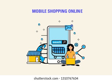 Flat design illustration of mobile shoping online,business management,strategy, finance and investment