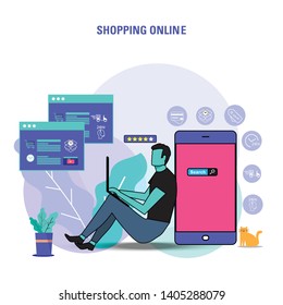 Flat design illustration of mobile shopping online,business management,strategy, finance and investment