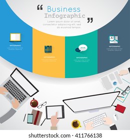 Flat design illustration of modern creative office workspace with modern infographic.