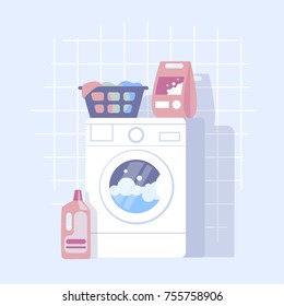 Flat design  illustration of modern laundry with washing machine, clothes and detergents. Vector clip art