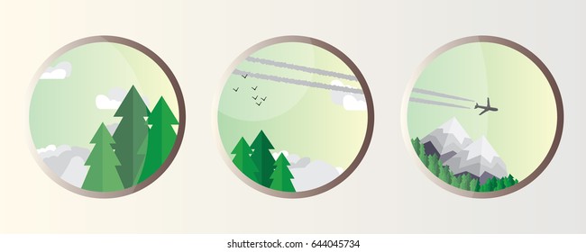 Flat design illustration of modern portholes. Creative minimalistic windows with mountain and forest view. Vector flying plane with contrail in circle frames illustration
