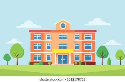 Flat design illustration of a modern school building surrounded by a green landscape and trees