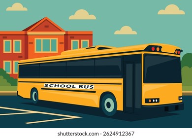 Flat Design Illustration of Modern School Bus Parked in School Lot