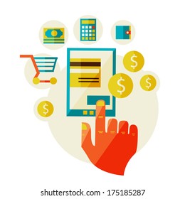 Flat design illustration in  modern stylish processing of mobile payments concept of hand touch screen, vector. Online purchase on digital tablet. 