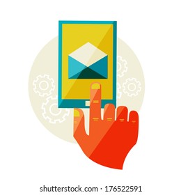 Flat design illustration in  modern stylish concept for communication icons, mobile Flat design illustration in  modern stylish concept. mobile apps of hand touch screen. Mail, message, contract.