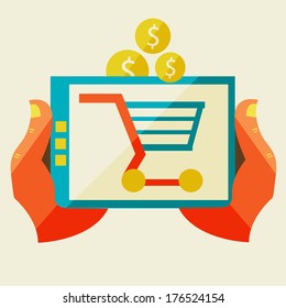 Flat design illustration in  modern stylish processing of mobile payments concept of hand touch screen, vector. online purchase on digital tablet.