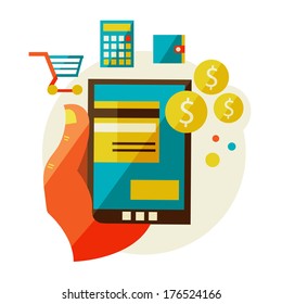 Flat design illustration in  modern stylish processing of mobile payments concept of hand touch screen, vector. processing of mobile payments.