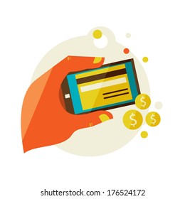 Flat design illustration in  modern stylish processing of mobile payments concept of hand touch screen. processing of mobile payments.