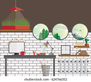 Flat design illustration of modern workplace in room with portholes. Creative minimalistic office with mountain and forest view in windows. Flat vector open space spot with green grass in a plant pot