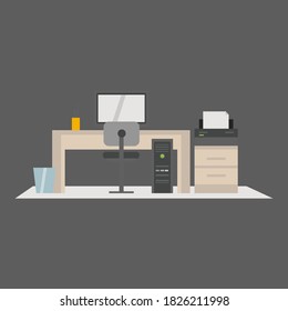 Flaches Design, Illustration von modernem Arbeitsplatz, Büroeinrichtung, Vektorgrafik