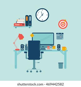 Flat design illustration of modern workspace, office interior, vector 