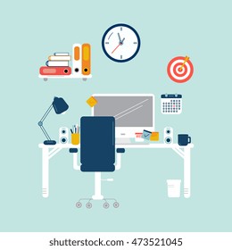 Flat design illustration of modern workspace, office interior, vector 
