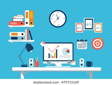 Flat design illustration of modern workspace, office interior, vector 