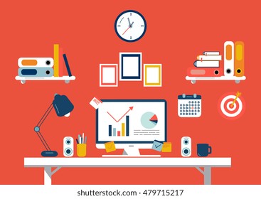 Flat design illustration of modern workspace, office interior, vector 