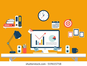 Flat design illustration of modern workspace, office interior, vector 