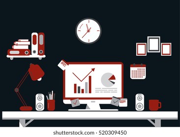 Flat design illustration of modern workspace, office interior, vector 