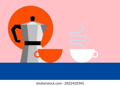 Flat design illustration of a moka pot and coffee cups with steam.