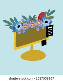 Flat Design Illustration with a Monitor Computer at Flowers
