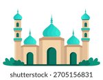Flat design illustration of a mosque featuring beige structures, prominent teal domes, and two towering minarets, set against a white background with green bushes.