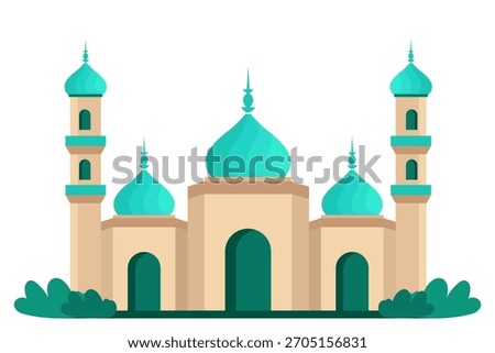Flat design illustration of a mosque featuring beige structures, prominent teal domes, and two towering minarets, set against a white background with green bushes.