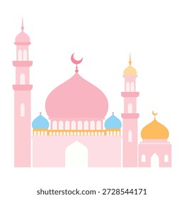 Flat design illustration of a mosque with minarets and domes in pink, blue, and yellow hues against a white background.