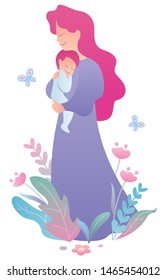 Flat design illustration of mother and child on white background.