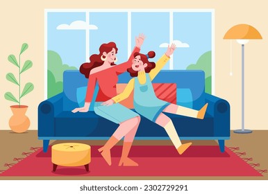 Flat design illustration of mother and daughter in a living room, with the mother sitting on couch and the daughter sitting next to her.