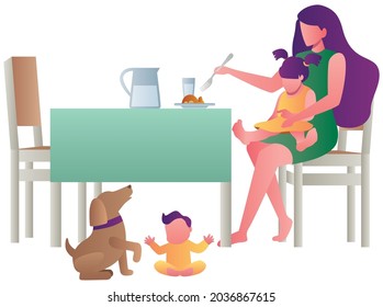 Flat Design Illustration With Mother Feeding Her Little Kid, While The Other One Is Playing With The Dog.