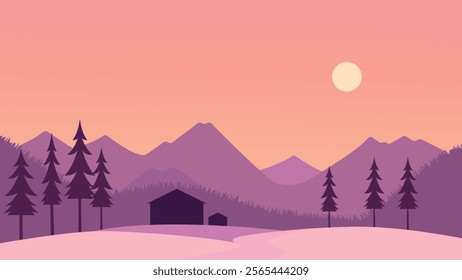 Flat Design Illustration of Mountain Hill Nature Landscape with Pine Trees and Sun in the Morning