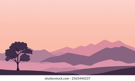 Flat Design Illustration of Mountain Hill Nature Landscape with Tree in the Morning