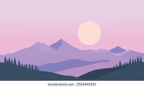 Flat Design Illustration of Mountain Hill Nature Landscape with Pine Trees and Sun in the Morning