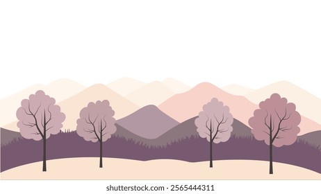 Flat Design Illustration of Mountain Hill Nature Landscape with Tree in the Morning