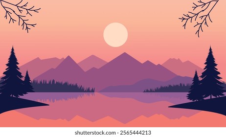 Flat Design Illustration of Mountain Lake Nature Landscape with and Sun in the Morning