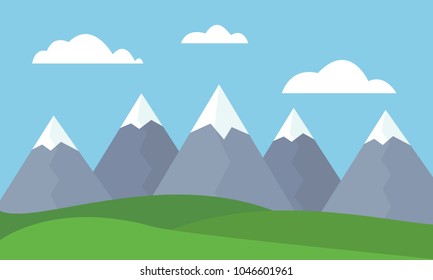 Flat design illustration of mountain landscape with meadow, clouds and blue sky - vector