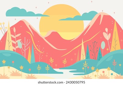 Flat Design Illustration of Mountain Nature Landscape with Big Sun in Summer