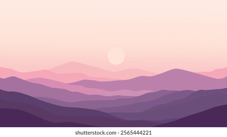 Flat Design Illustration of Mountain Nature Landscape with Sun in the Morning
