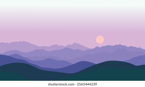 Flat Design Illustration of Mountain Nature Landscape with Sun in the Morning