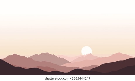 Flat Design Illustration of Mountain Nature Landscape with Sun in the Morning