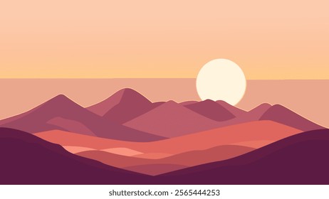 Flat Design Illustration of Mountain Nature Landscape with Sun in the Morning