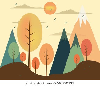 Flat Design Illustration of Mountain Nature View with Pine Trees in Summer. Simple style design