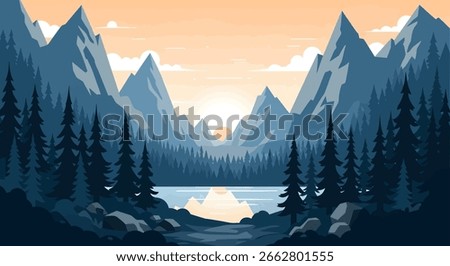 A flat design illustration of a mountain range with a lake, forest, and a setting sun, creating a peaceful, natural scene.