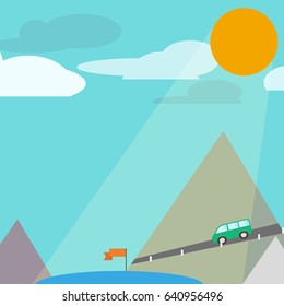 Flat design illustration mountains nature and car