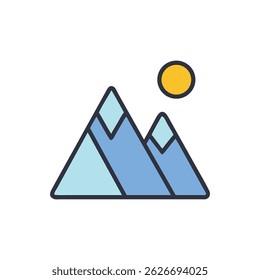 Ilustración de diseño plano de montañas y sol. La Imagen utiliza Formas geométricas simples y contornos en negrita sobre fondo blanco.