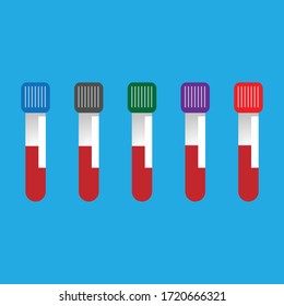Ilustración plana del tubo multicolor de recolección de sangre con código de color, etiqueta y muestra de sangre en el interior para diversos tipos de diagnóstico médico en laboratorio, tendencia importante y creciente