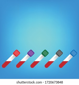 Ilustración plana del tubo multicolor de recolección de sangre con código de color, etiqueta y muestra de sangre en el interior para diversos tipos de diagnóstico médico en laboratorio, tendencia importante y creciente