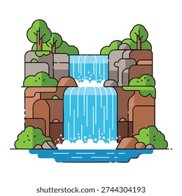 A flat design illustration of a multi-tiered waterfall flowing into a calm body of water surrounded by rocks and trees.