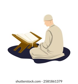 Flat design illustration of a Muslim man sitting and reading the Quran on a wooden rehal. Islamic worship. Prayer. Religious devotion. Spirituality. Faith concept.