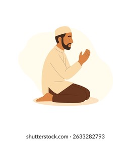 Ilustração de design plano de um homem muçulmano orando em uma posição sentada