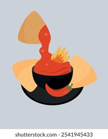 Ilustração de design plano com nachos na salsicha de sabor de pimenta vermelha