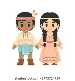 Flat design illustration of a Native American couple. The man wears a red headband with feathers and a light cream tunic, while the woman has long braids and a peach colored dress with tribal patterns.
